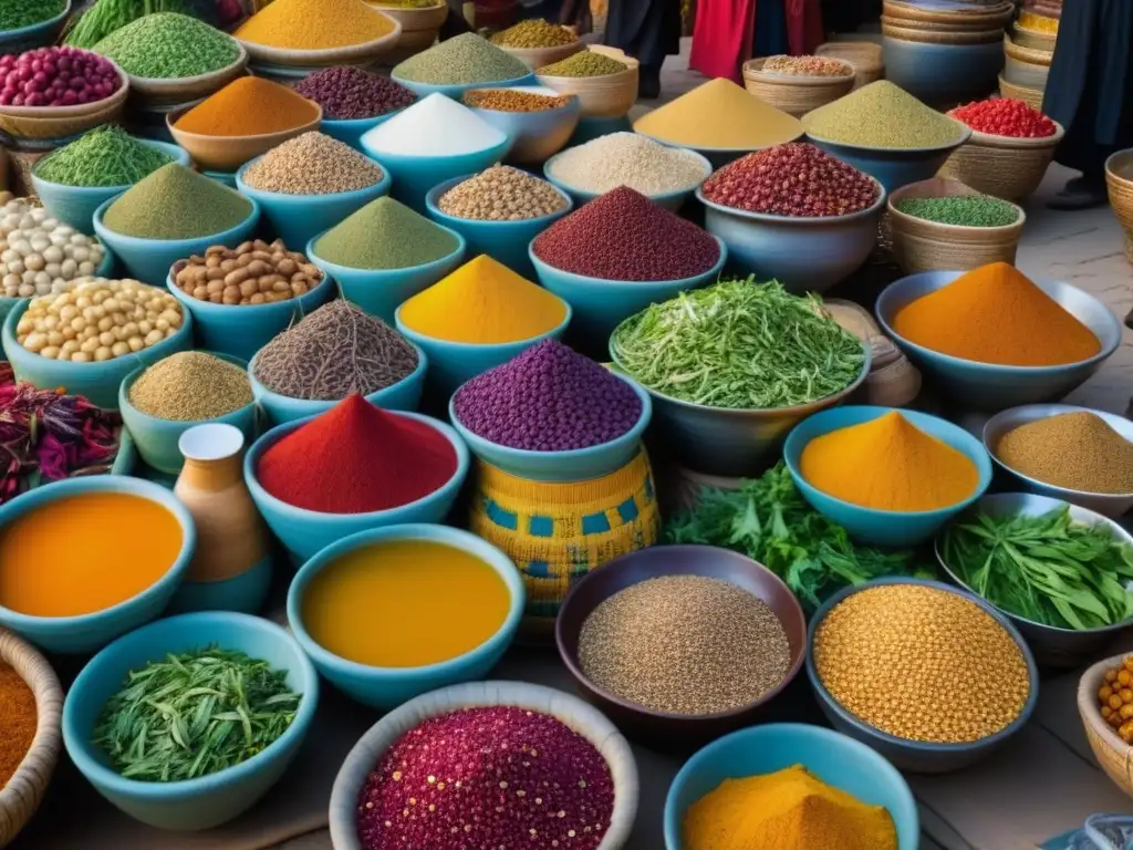 Una colorida escena de mercado en la antigua Ruta de la Seda, con ingredientes variados en cestas y cuencos de cerámica