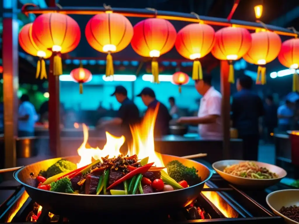 Colorida gastronomía en mercado nocturno de Taiwán, con artístico wok en llamas