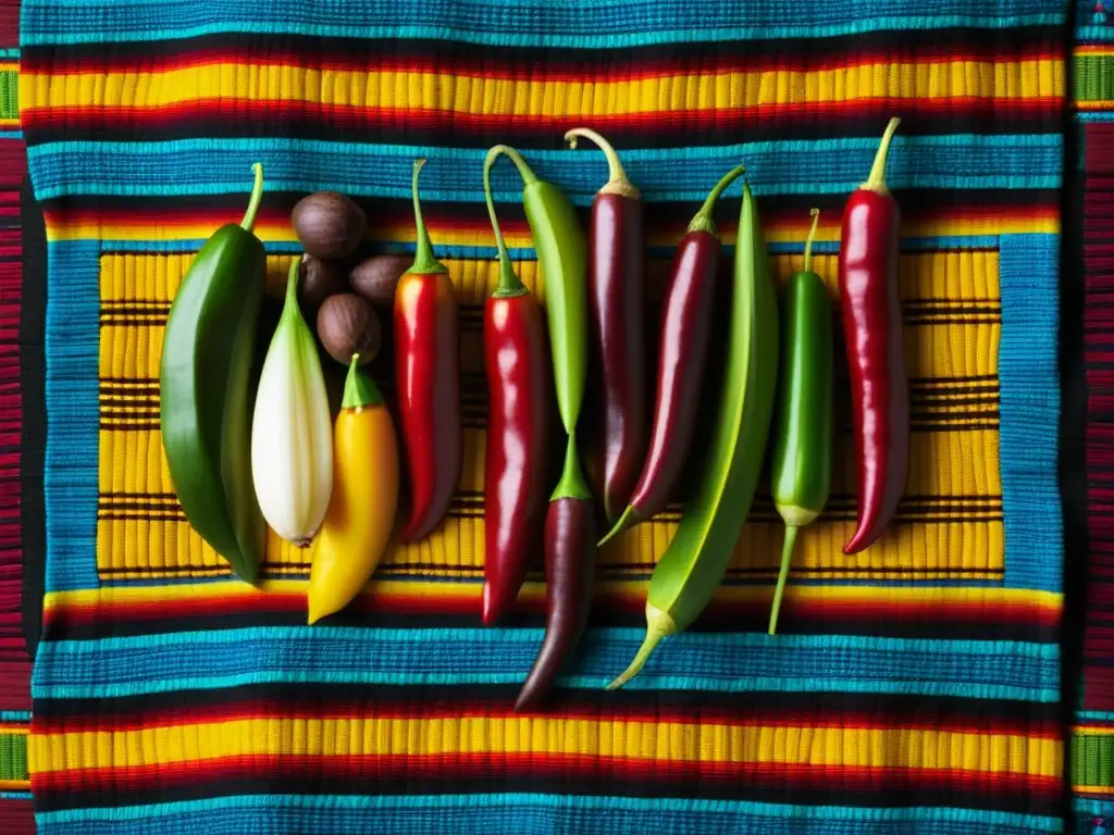 Una colorida muestra de ingredientes precolombinos sobre textil tradicional, destacando la riqueza cultural y gastronómica del mundo precolombino