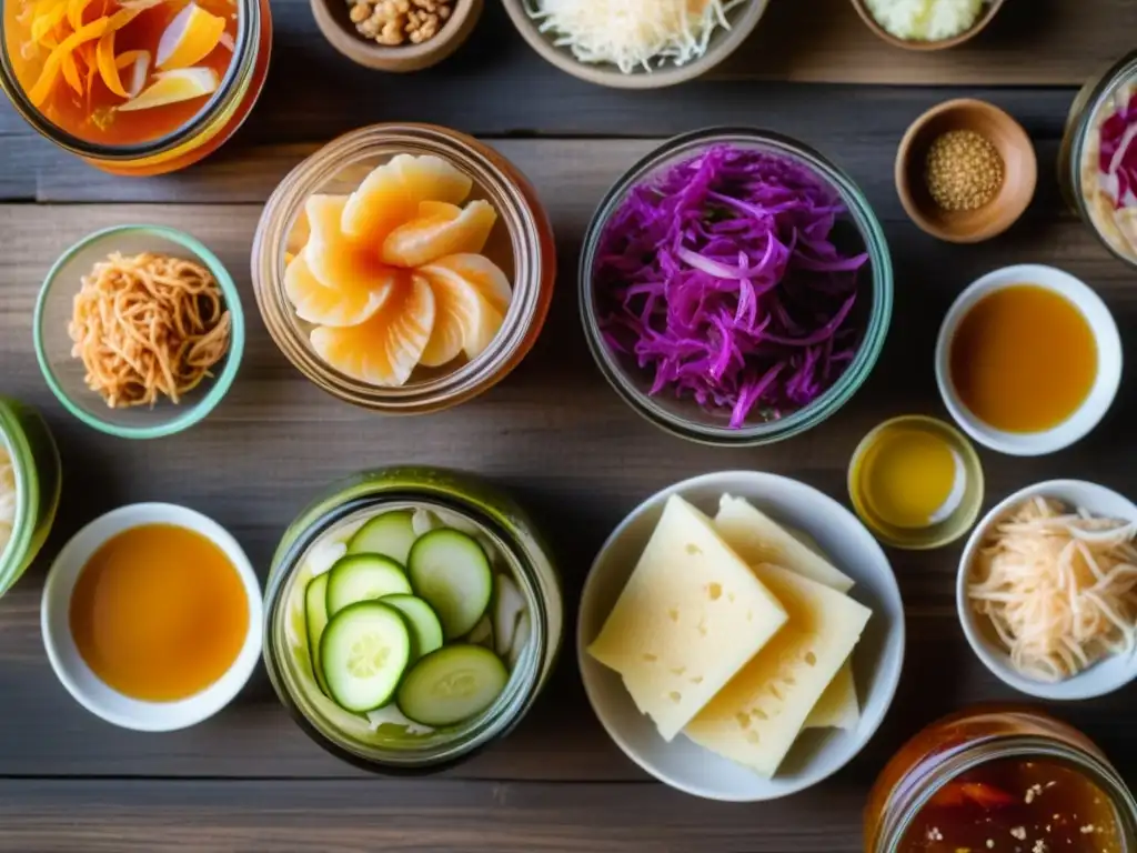 Una colorida variedad de alimentos fermentados en una mesa rústica