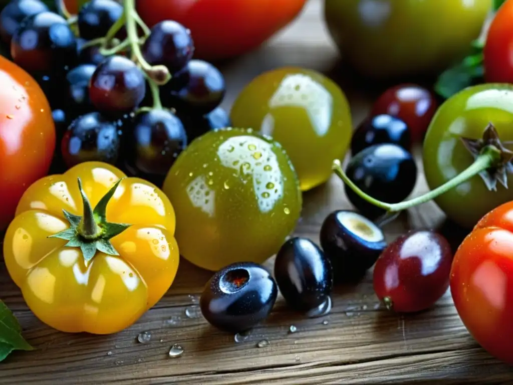 Una colorida variedad de frutas y verduras mediterráneas frescas sobre mesa de madera, clave dieta mediterránea futuro sostenible