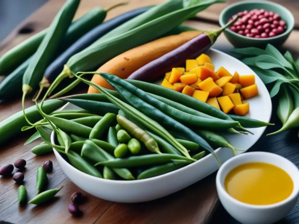 Una colorida variedad de legumbres y vegetales sahelianos en una mesa de madera rústica