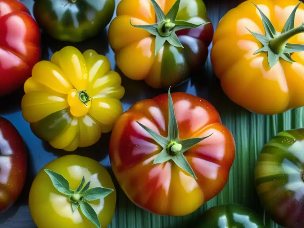 Una colorida variedad de tomates antiguos refleja la biodiversidad en alimentación histórica con sus formas, colores y texturas únicas