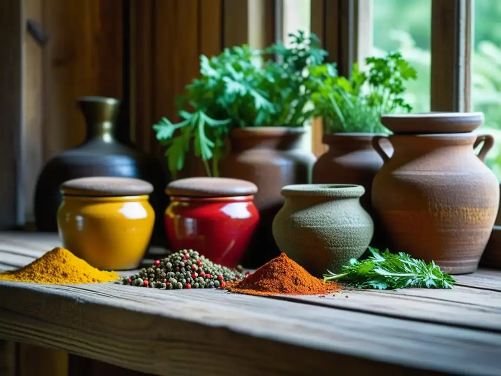 Coloridas especias y hierbas en antiguos frascos de barro en mesa de madera, evocando normas culinarias en documentales históricos