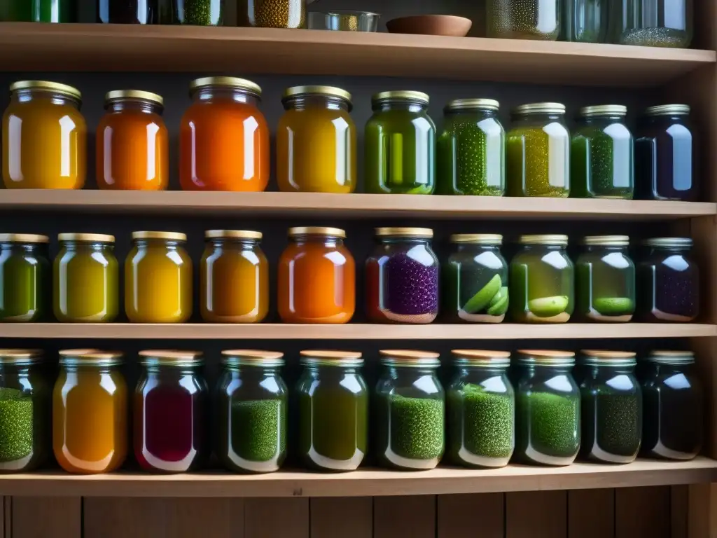 Coloridas fermentaciones en tarros iluminados, mostrando sabores ancestrales cocina contemporánea