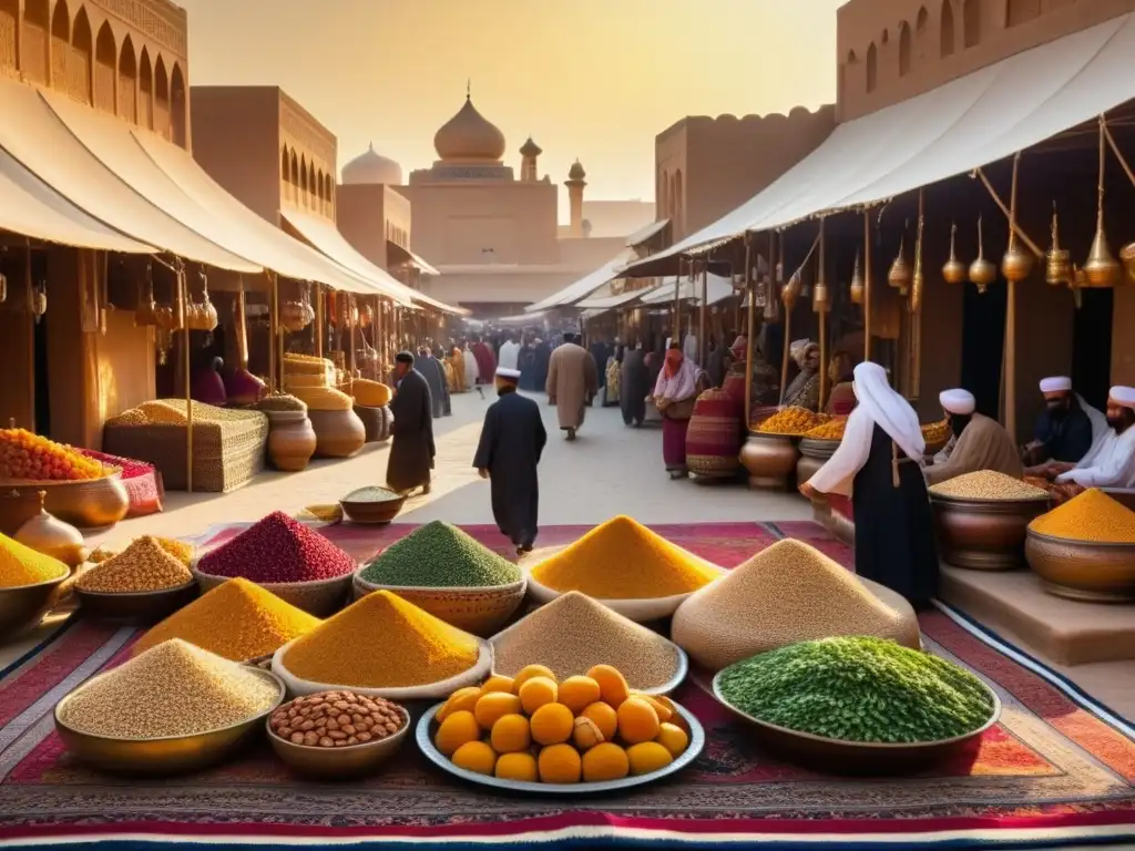 Coloridas fuentes alimenticias en un bullicioso mercado del Califato Abásida, con mercaderes y clientes regateando al atardecer