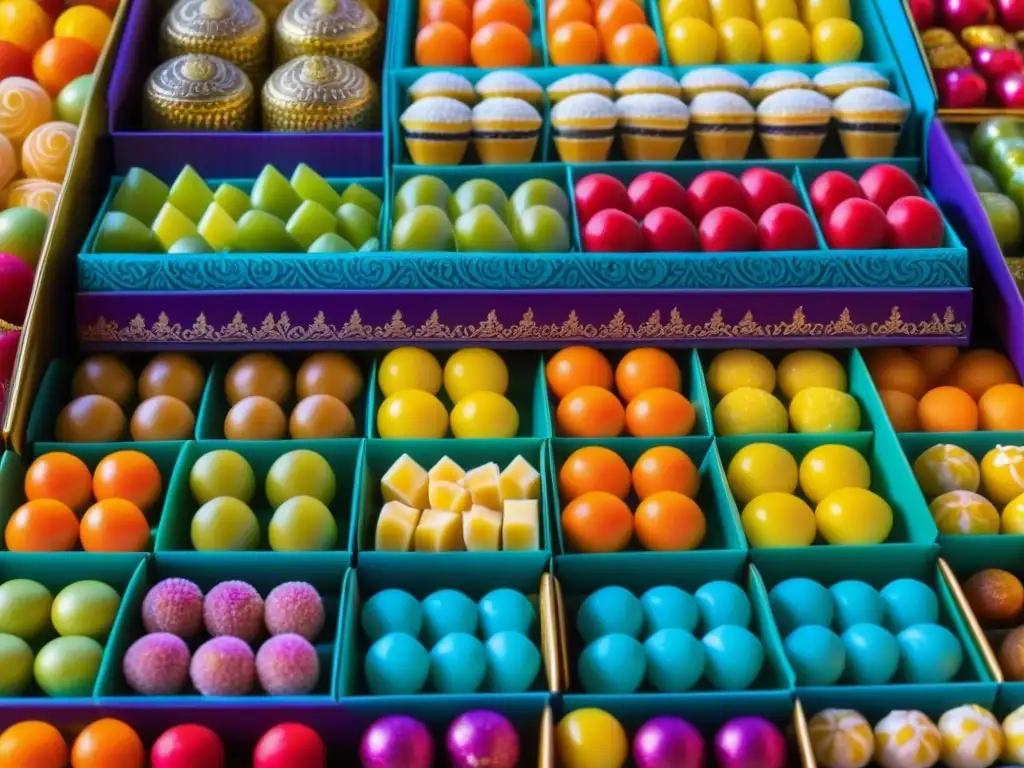 Dulces y sabores de la Ruta de la Seda Coloridos dulces y golosinas en puesto mercado histórico Ruta de la Seda