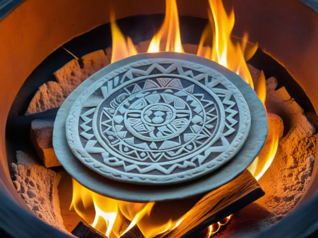 Un comal de barro maya con diseños geométricos, usado para cocinar tortillas sobre fuego abierto