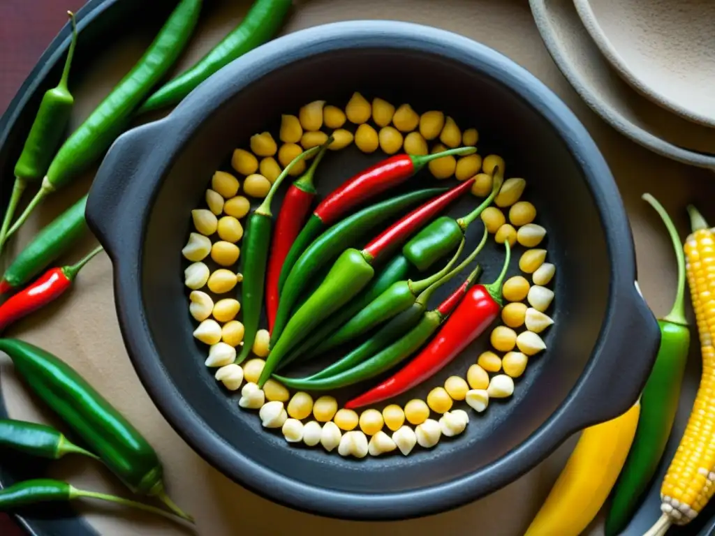 Un comal mesoamericano lleno de maíz, chiles rojos y frijoles, reflejo de las clases sociales prehispánicas