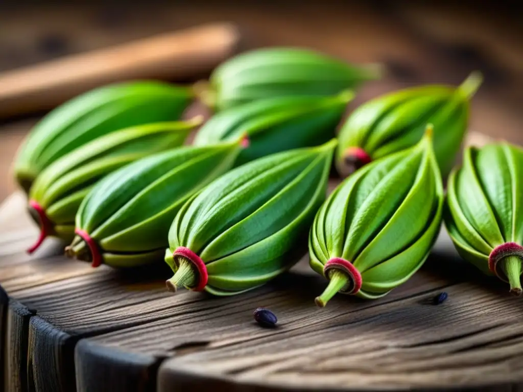 Cardamomo rojo y verde: detalles vibrantes en mesa rústica Comercio de especias en África: Detalle vibrante de cápsulas de cardamomo rojo y verde sobre mesa rústica