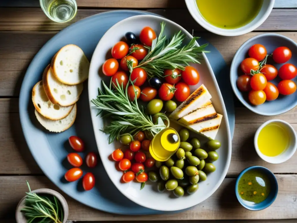 Una comida de la antigua dieta mediterránea con ingredientes frescos y coloridos en una mesa rústica de madera, iluminada por luz natural