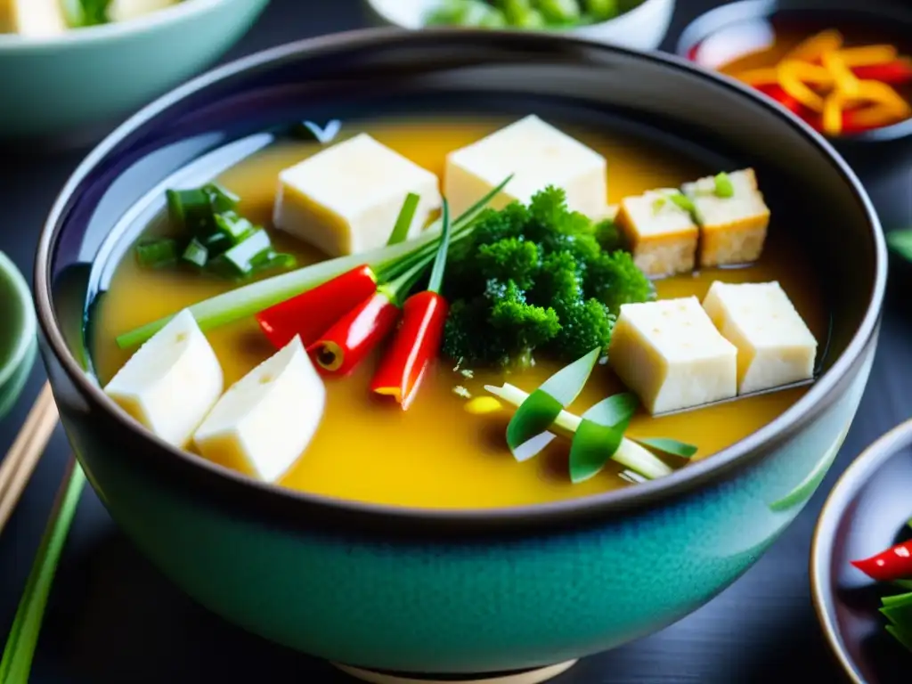 Una comida japonesa tradicional meticulosamente dispuesta con colores y texturas vibrantes, influenciada por el budismo