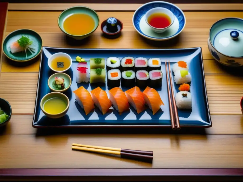 Una comida tradicional japonesa del período Edo en detallada y colorida presentación en mesa de madera