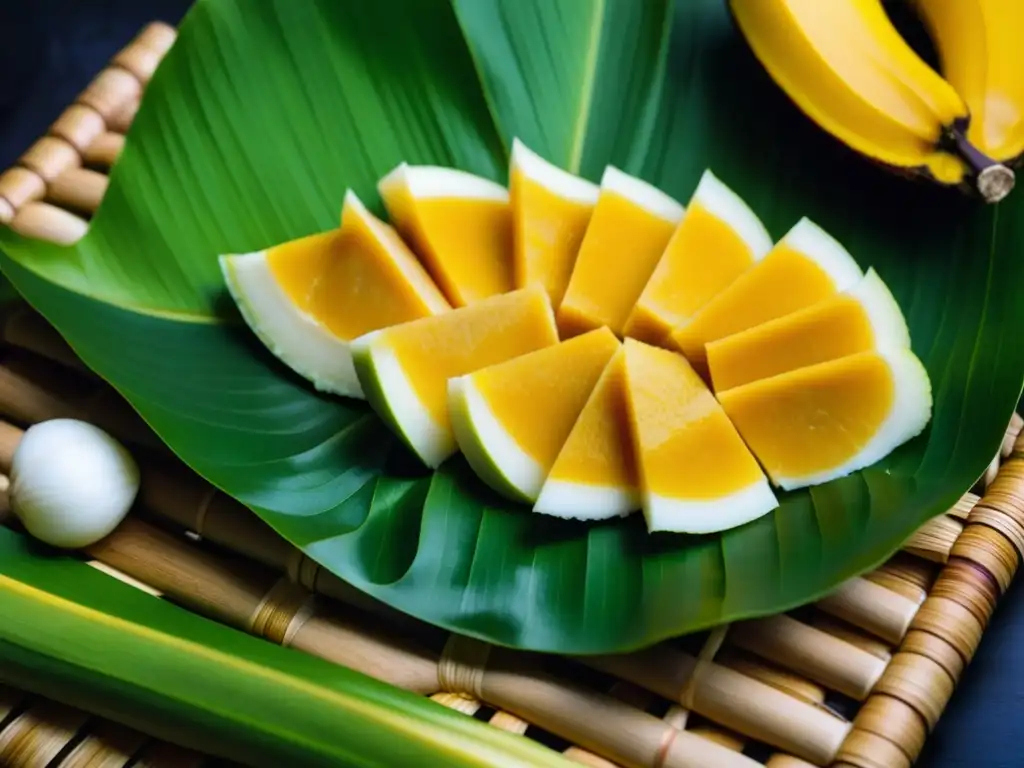 Preparación de comida tradicional Micronesia resalta raíces históricas con ingredientes vibrantes en hojas de plátano tejidas