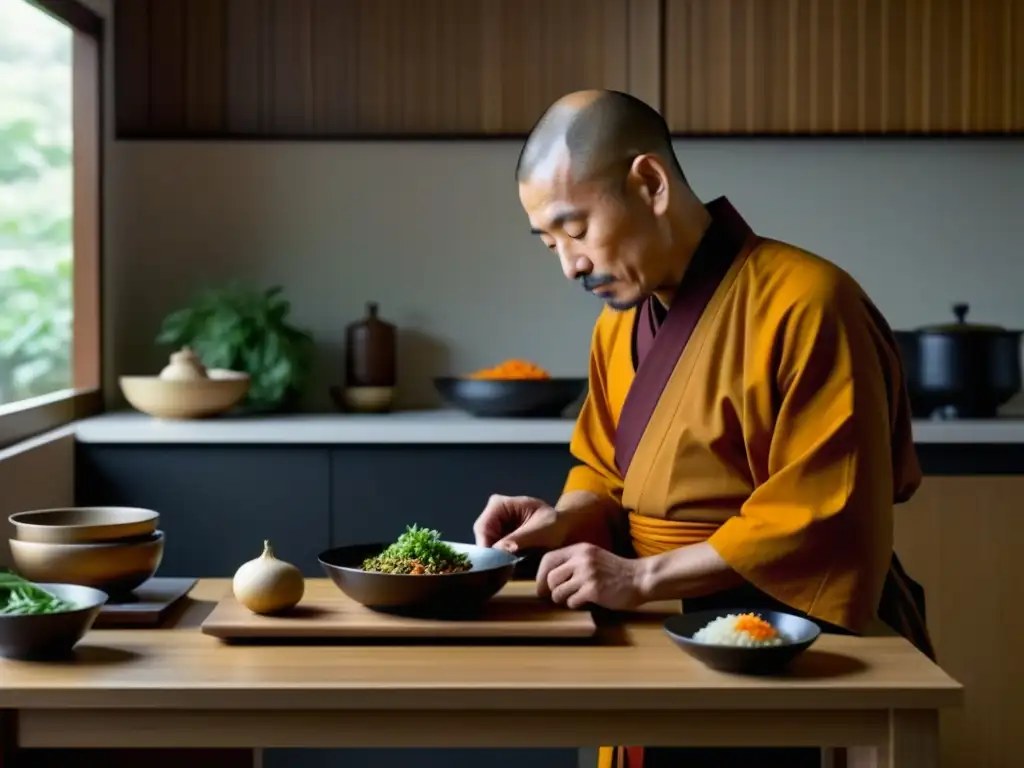 Preparación zen de comida vegetariana en cocina minimalista