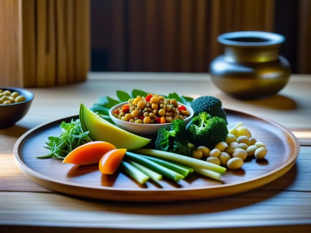 Una comida vegetariana meticulosamente preparada en un monasterio, honrando tradiciones dietéticas antiguas