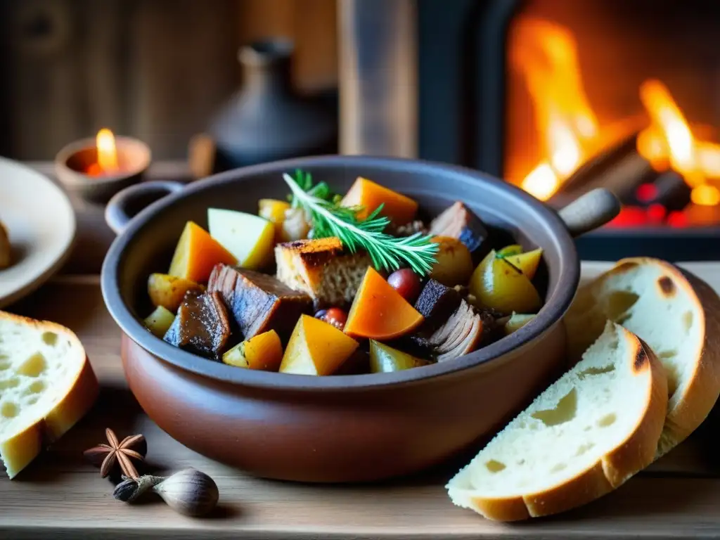 Una comida vikinga auténtica en una mesa de madera, resaltando colores y texturas