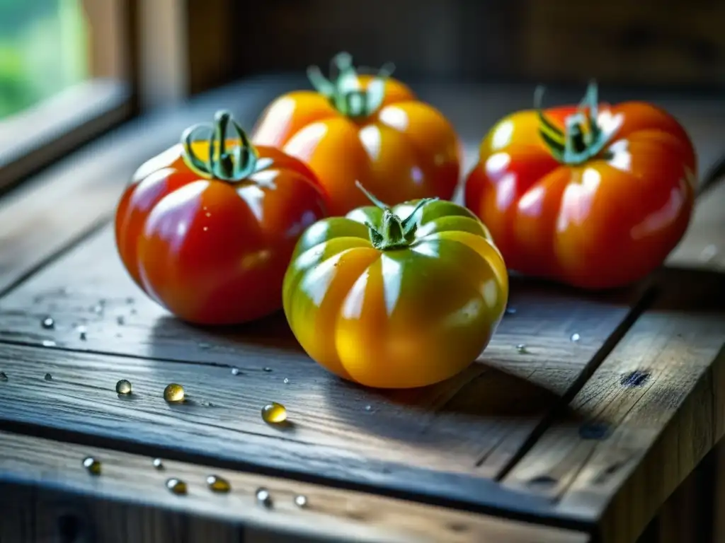 Una composición artística de tomates variados, brillantes y frescos sobre una mesa de madera rústica