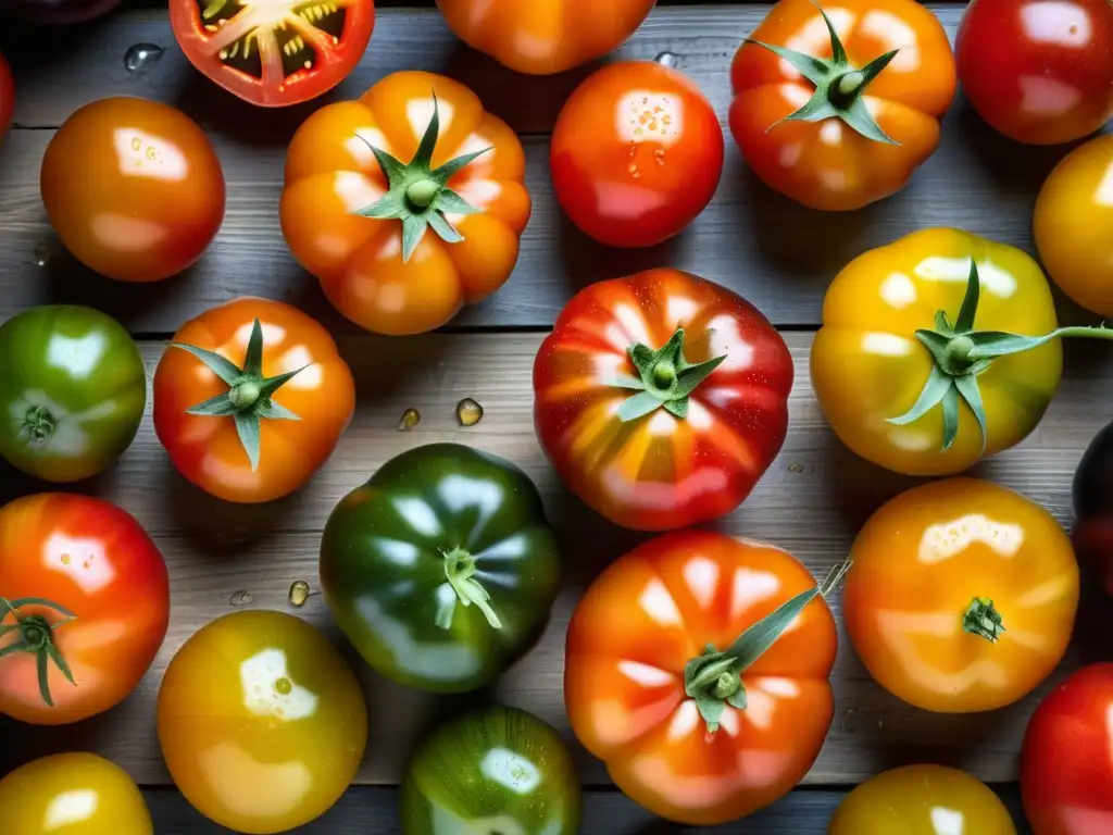 Una composición cautivadora de tomates antiguos vibrantes, resaltando la biodiversidad y la permacultura en gastronomía ancestral