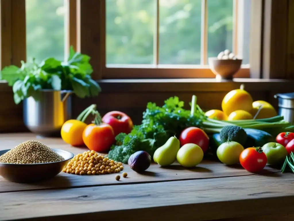 Una composición colorida de ingredientes tradicionales locales en una mesa de madera rústica, iluminada por el sol