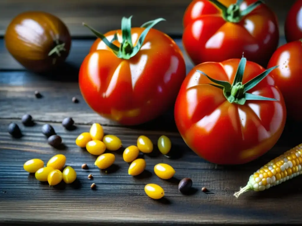 Una composición colorida de tomates rojos, maíz dorado y cacao en una mesa rústica