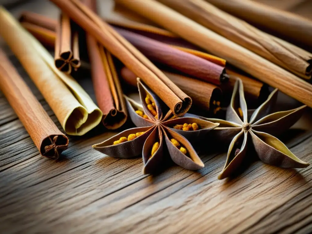 Exquisita variedad de especias antiguas en detalle Una composición detallada de especias antiguas en una superficie de madera rústica, resaltando los beneficios de especias históricas