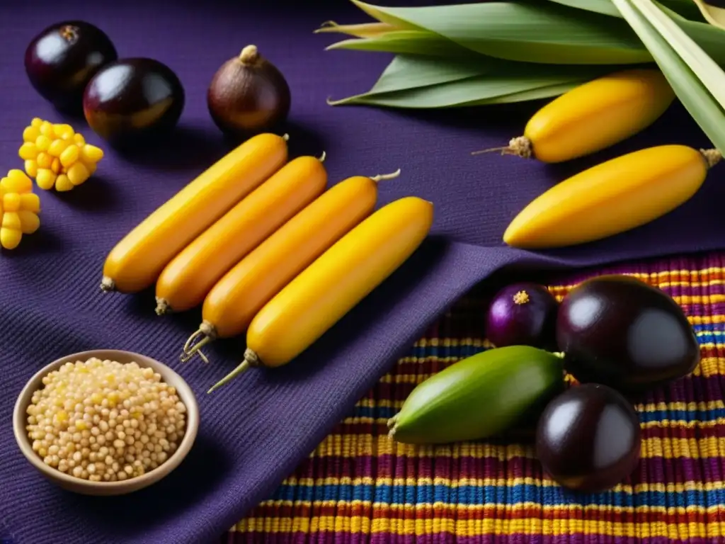 Una composición detallada de ingredientes tradicionales incas en un telar, resaltando la riqueza cultural