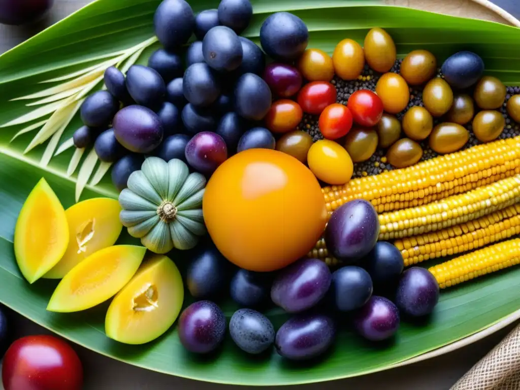 Una composición detallada de productos orgánicos cocina prehispánica en un plato de palma tejido