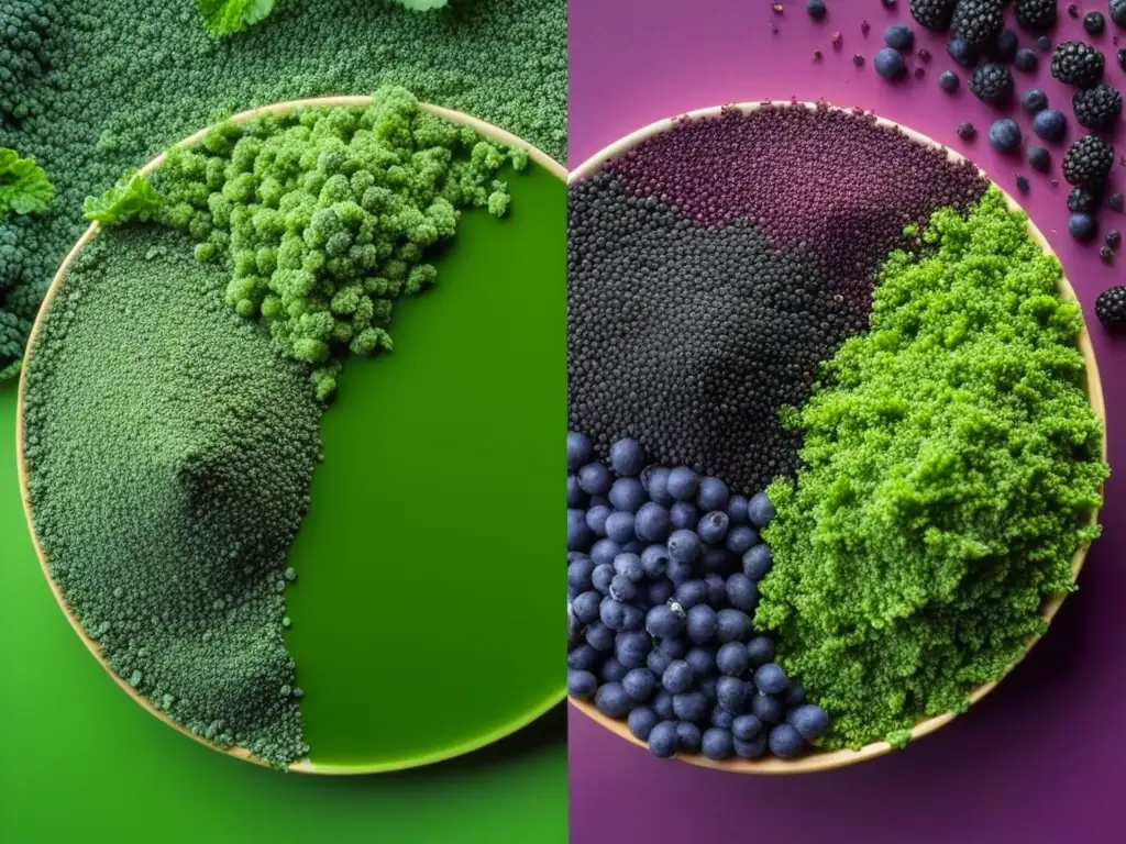 Una composición detallada resaltando superalimentos como kale, bayas de acai y semillas de chía junto a matcha en polvo