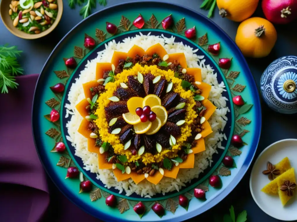 Una composición exquisita de un plato persa colorido y detallado, resaltando la rica herencia culinaria y la influencia saludable en la dieta moderna