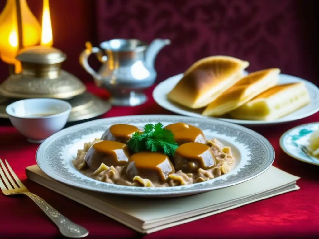 Una composición exquisita de plato con recetas históricas de la cocina de los Zares y libros de literatura rusa antigua