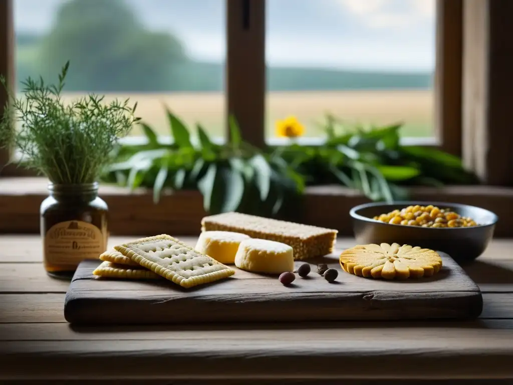 Una composición histórica de alimentos del siglo XVII en una mesa rústica, iluminada por luz natural