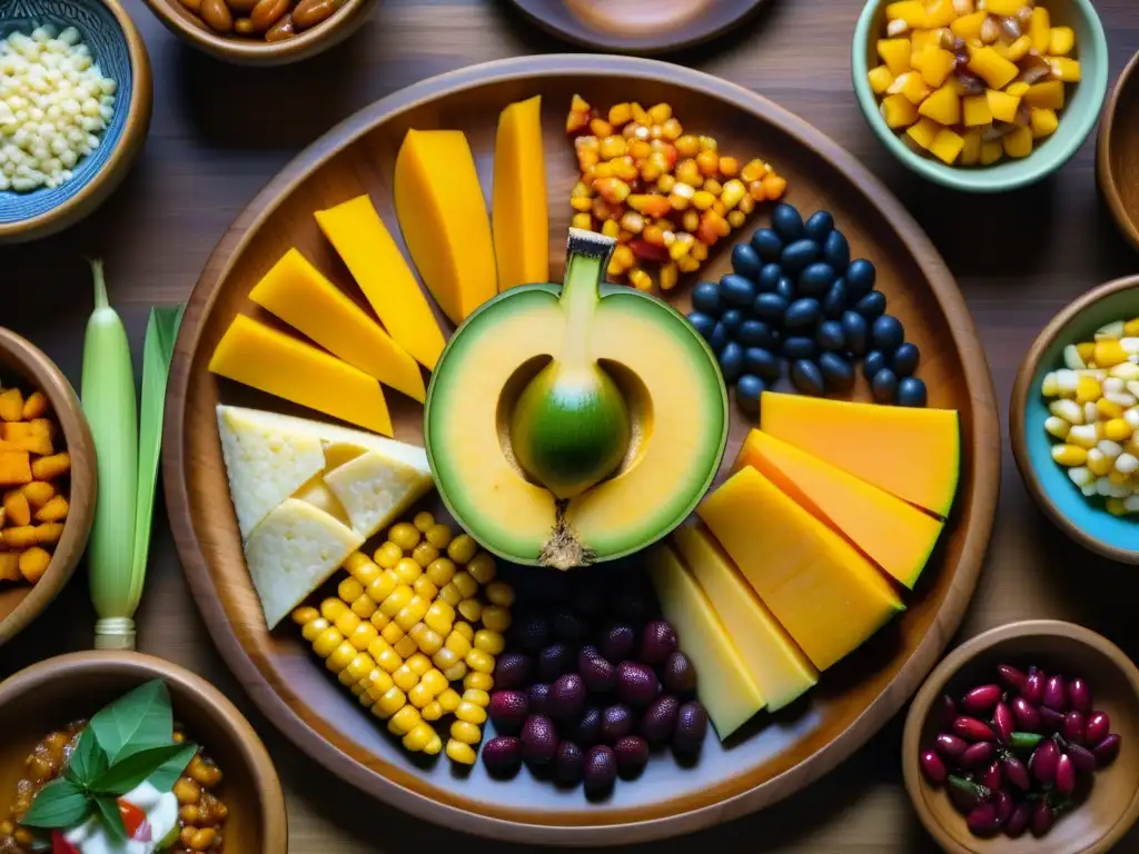 Una composición visualmente impactante de una comida tradicional indígena durante la Conquista, con vibrantes colores y texturas