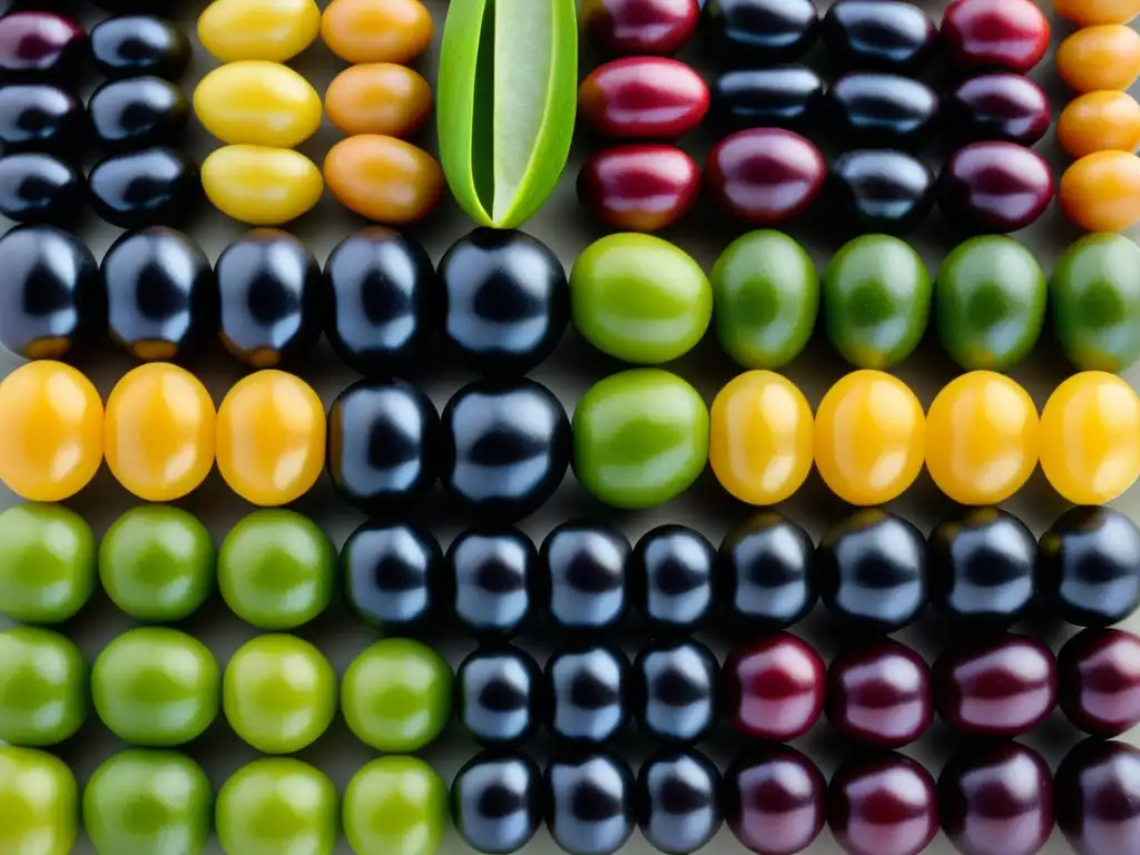 Una composición simétrica de legumbres antiguas en colores vibrantes, resaltando sus propiedades antioxidantes