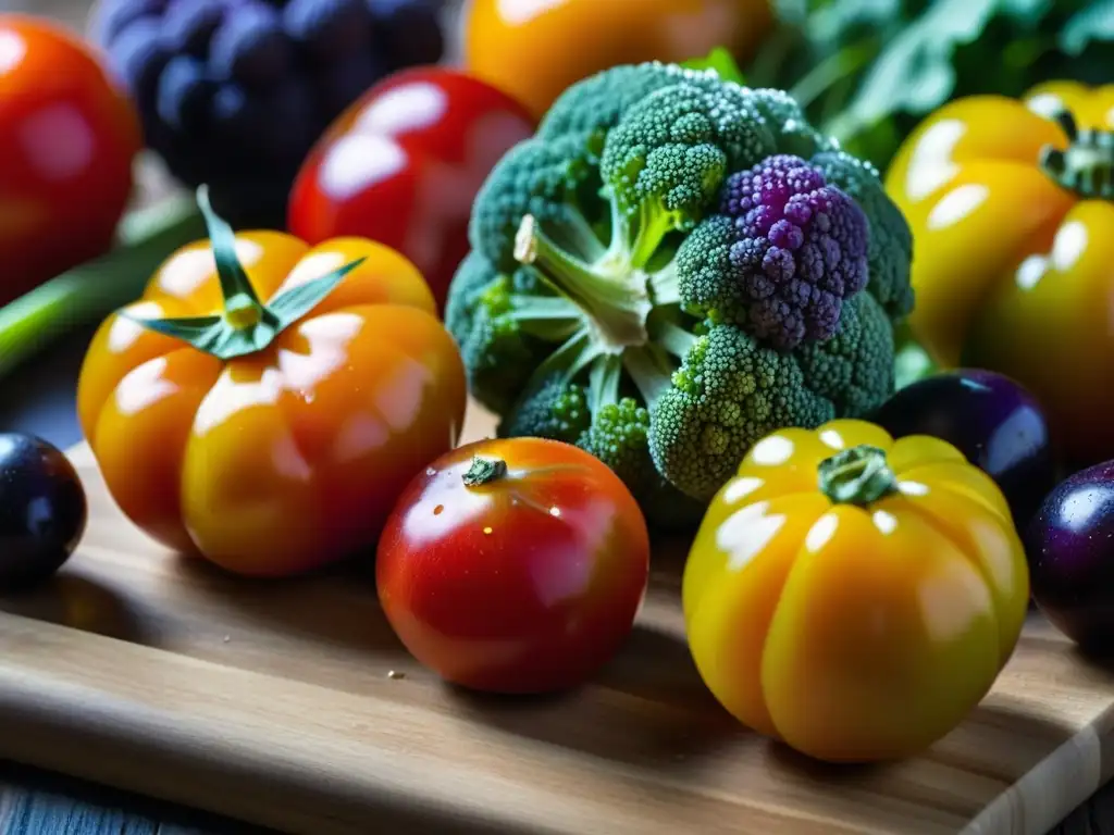 Arte culinario: Vegetales orgánicos en primer plano Una composición de verduras vibrantes y frescas sobre tabla de madera