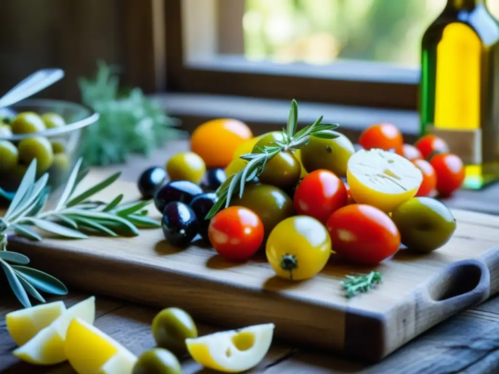 Una composición vibrante de alimentos de la antigua dieta mediterránea: aceitunas, tomates, hierbas, aceite de oliva y queso feta en una mesa rústica