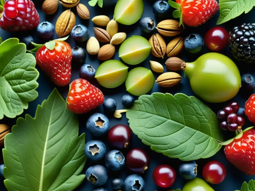 Una composición vibrante de alimentos antioxidantes: bayas, nueces, semillas y hojas verdes