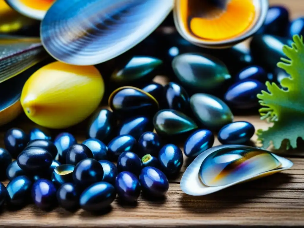Una composición vibrante de alimentos marinos antioxidantes culinarios, con algas, arándanos, mejillones y escamas de pescado, sobre mesa rústica