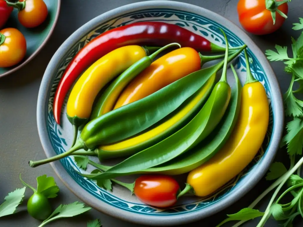 Delicioso bodegón mexicano con chiles, tomates y cilantro Una composición vibrante de chiles, tomates y cilantro en plato de barro, evocando la influencia prehispánica en la cocina mexicana contemporánea