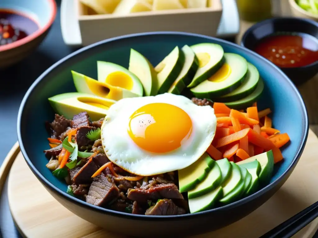 Una composición vibrante y detallada de Lomo Saltado Bibimbap, fusionando sabores peruanos y coreanos en un plato moderno