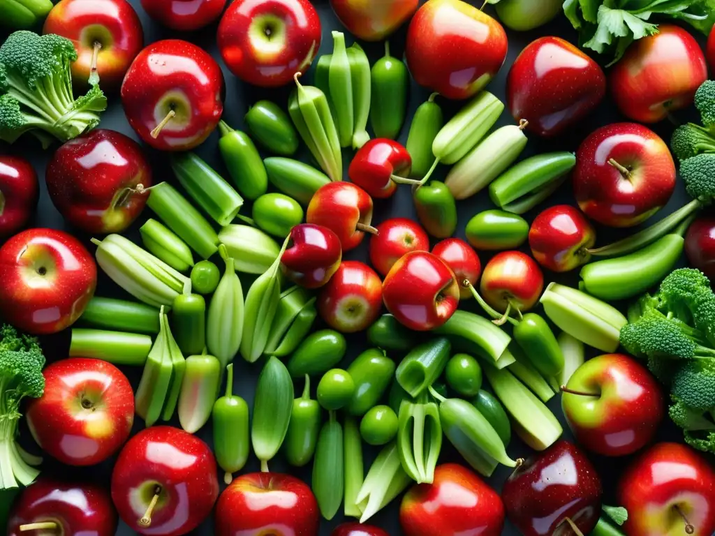 Una composición vibrante de frutas y verduras frescas, destacando la diversidad y belleza de los alimentos vegetales