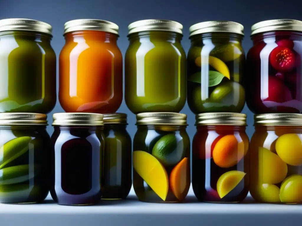 Una composición vibrante de frutas y verduras en escabeche, resaltando texturas y colores