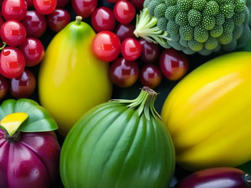 Una composición vibrante de frutas y verduras colombianas, destacando la dieta diversa de los Chibchas