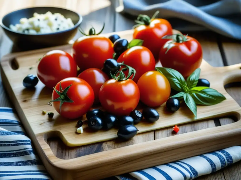 Una composición vibrante de ingredientes mediterráneos en una tabla de cortar rústica