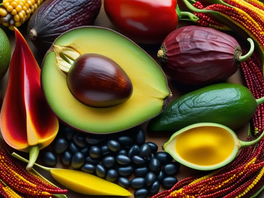Ingredientes mayas vibrantes: achiote, frijoles, maíz, aguacate y chiles Una composición vibrante de ingredientes prehispánicos mayas destaca la influencia prehispánica en la cocina mexicana contemporánea