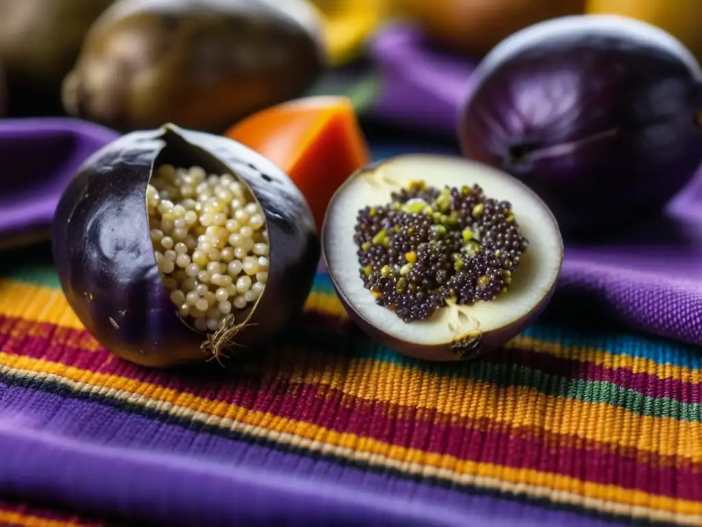 Una composición vibrante de semillas de quinua y papas moradas en un patrón textil andino, fusionando alimentos europeos en dieta indígena