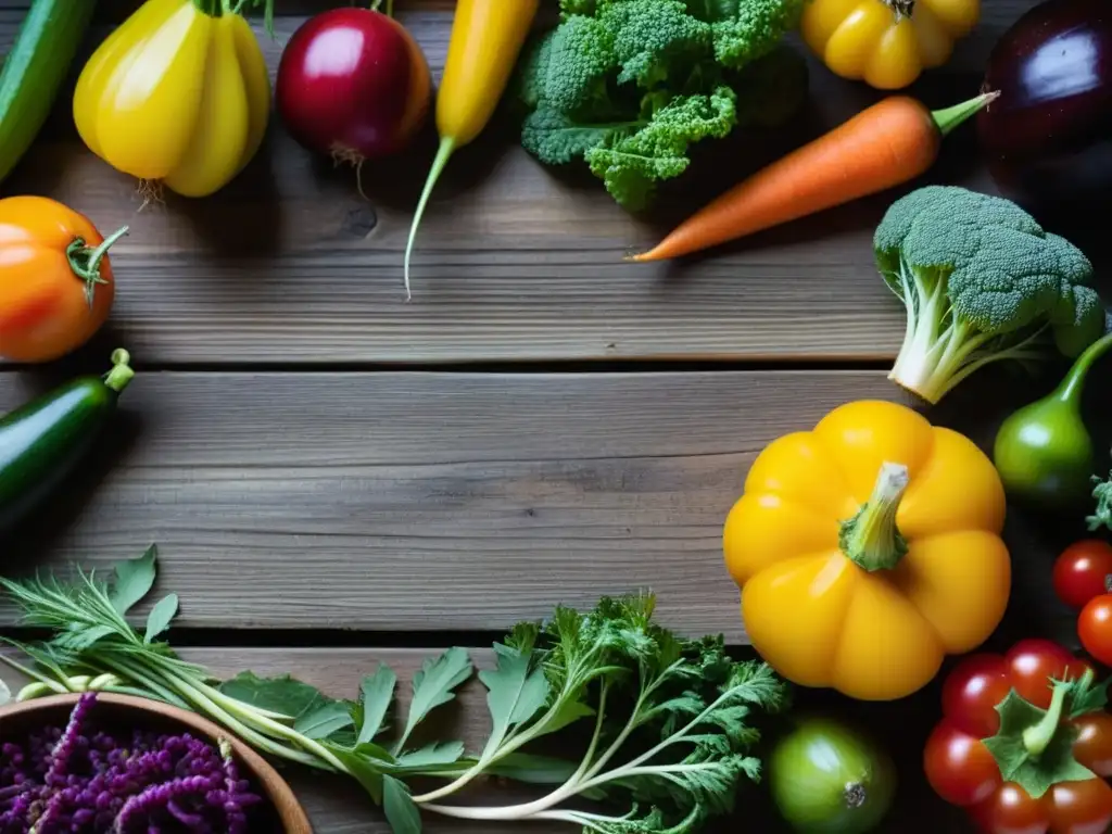 Una composición vibrante de vegetales, frutas y hierbas en una mesa de madera rústica, resaltando colores y texturas