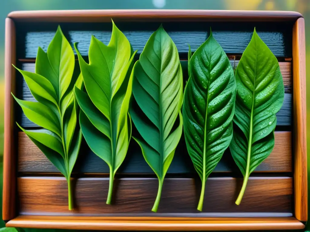 Una composición visual que celebra el origen y diversidad del té, con hojas vibrantes y detalladas en una bandeja de madera rústica