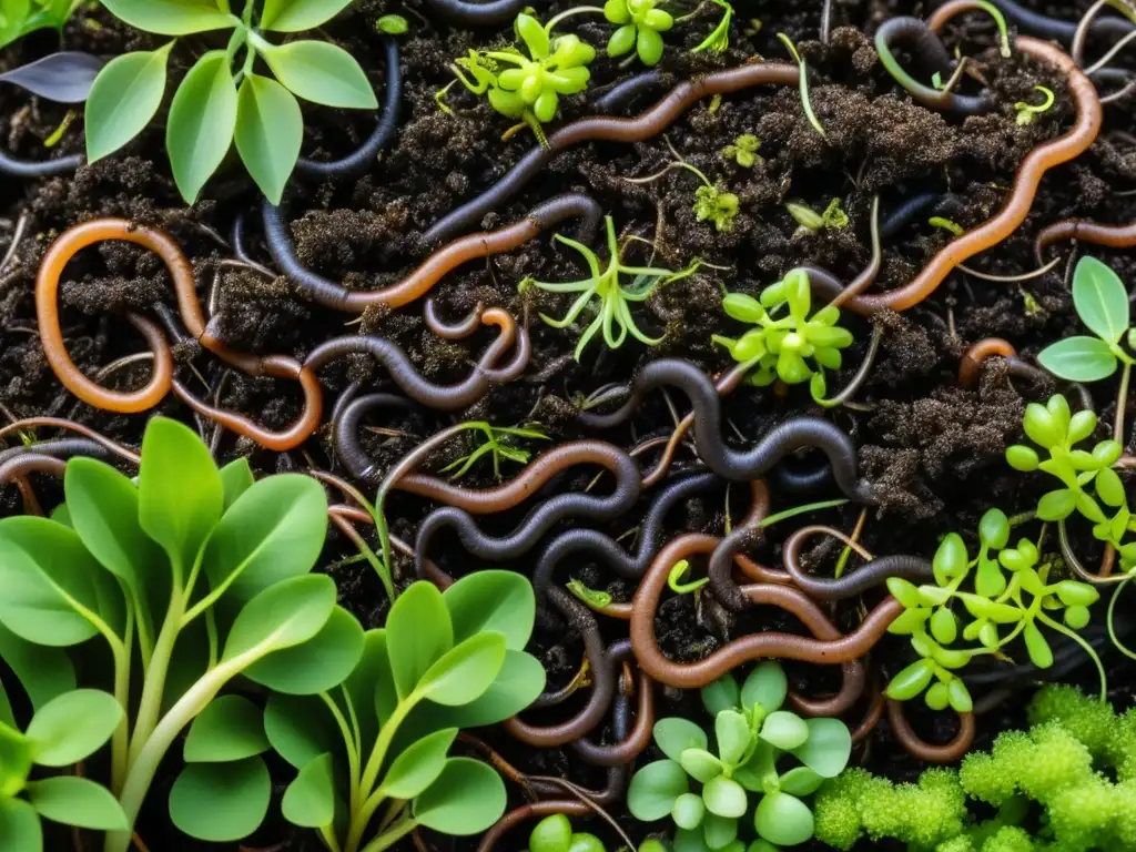 Un compost oscuro y fértil rebosante de lombrices y microorganismos, rodeado de brotes verdes vibrantes