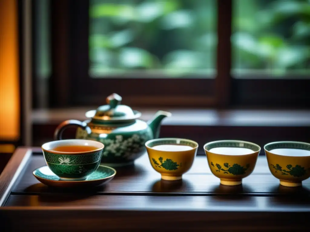 Un conjunto de té chino artesanal se destaca en una mesa de madera, mostrando la rica historia del té en China